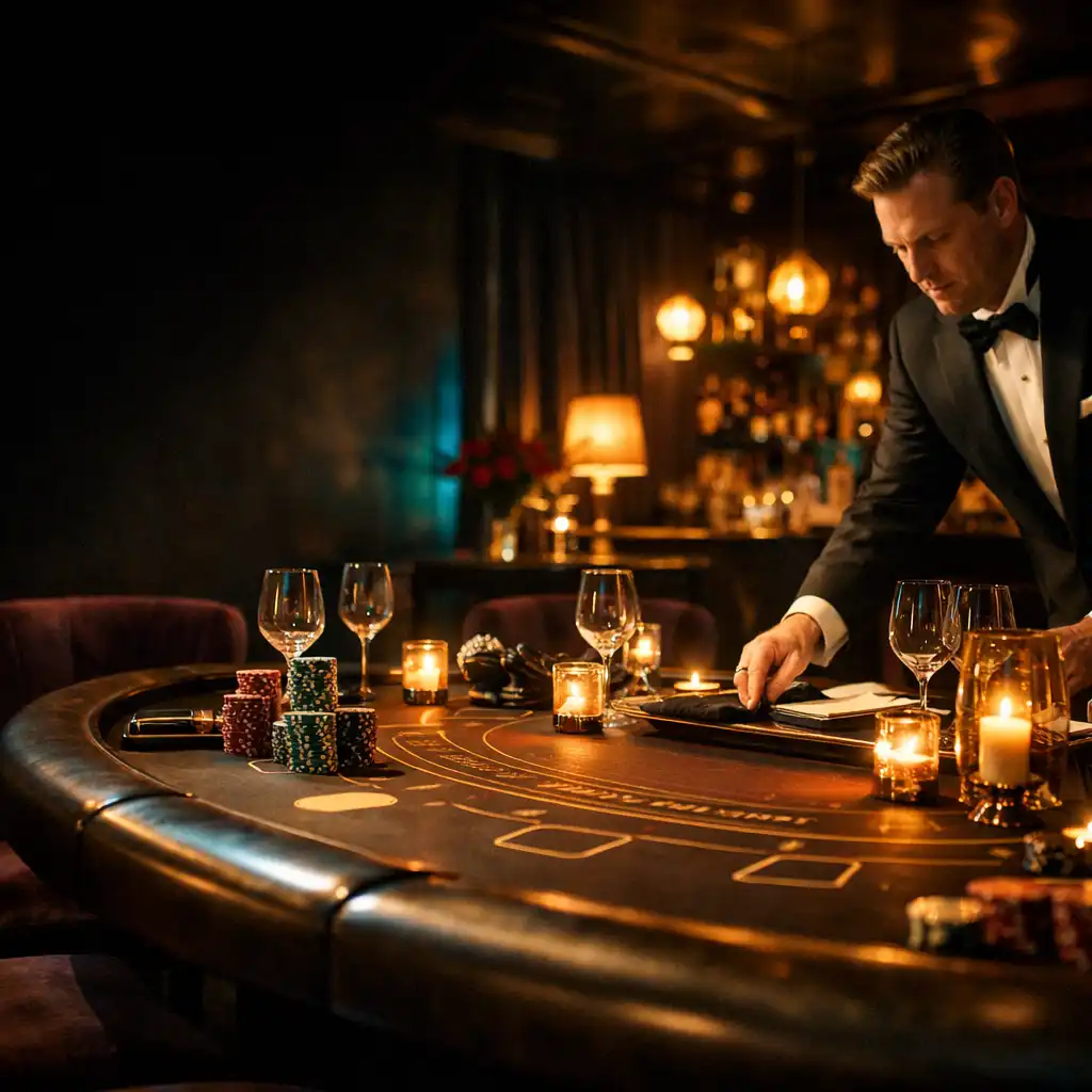 Candlelit private restaurant setting with a polished casino-inspired table and a professional host preparing the room