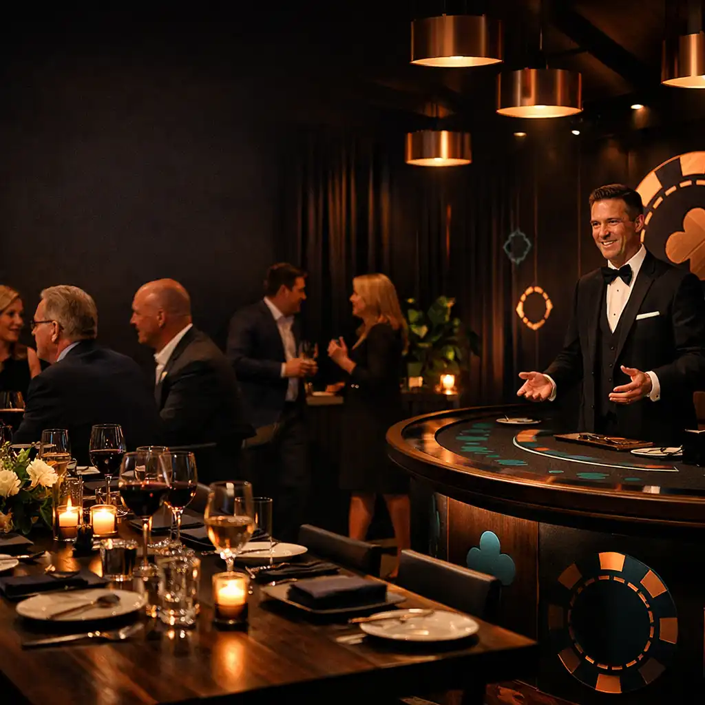 Corporate private dining room prepared for an after-dark hosted entertainment evening
