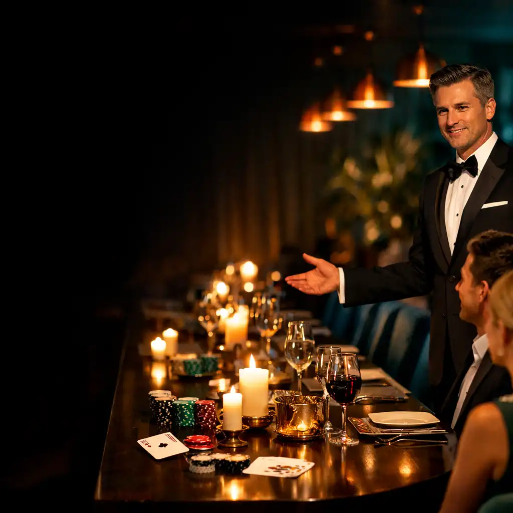 Professional host welcoming guests beside a warmly lit corporate dining table with decorative card-inspired styling.