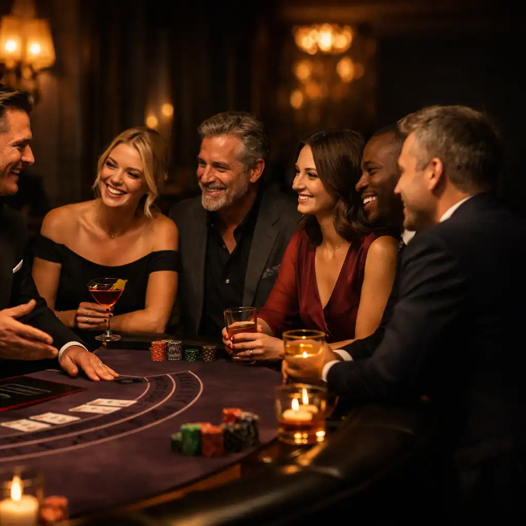 Colleagues in evening attire enjoying conversation around a professionally hosted entertainment table.