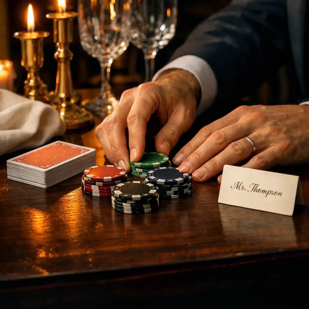 Hands arranging decorative chips, cards, glassware and candlelight on a styled event table.