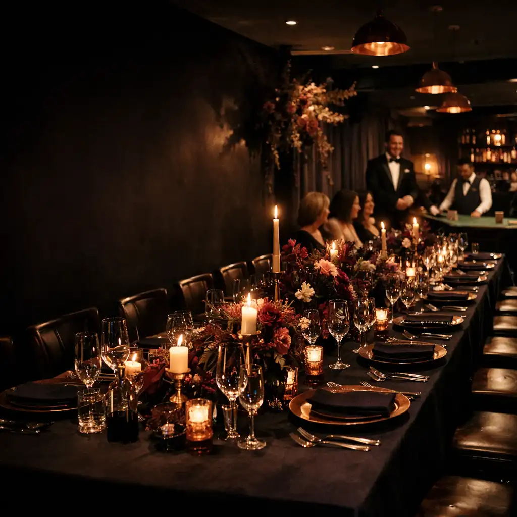 Long candlelit gala table in a polished private restaurant dining room with a host greeting guests.