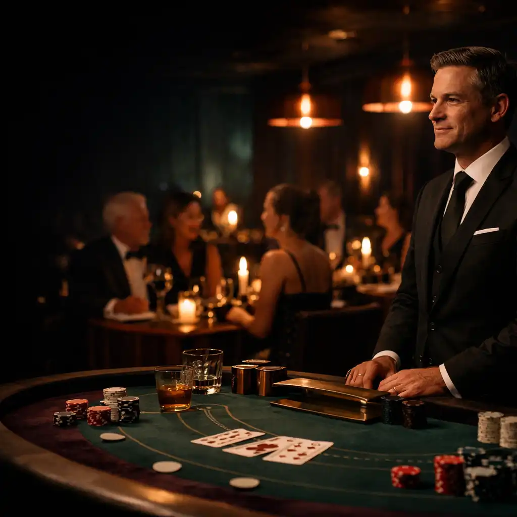 Professional host beside a themed table in a candlelit private restaurant evening
