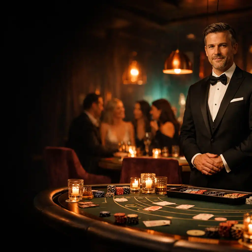 Professional host beside an elegant entertainment table in a candlelit private restaurant setting.