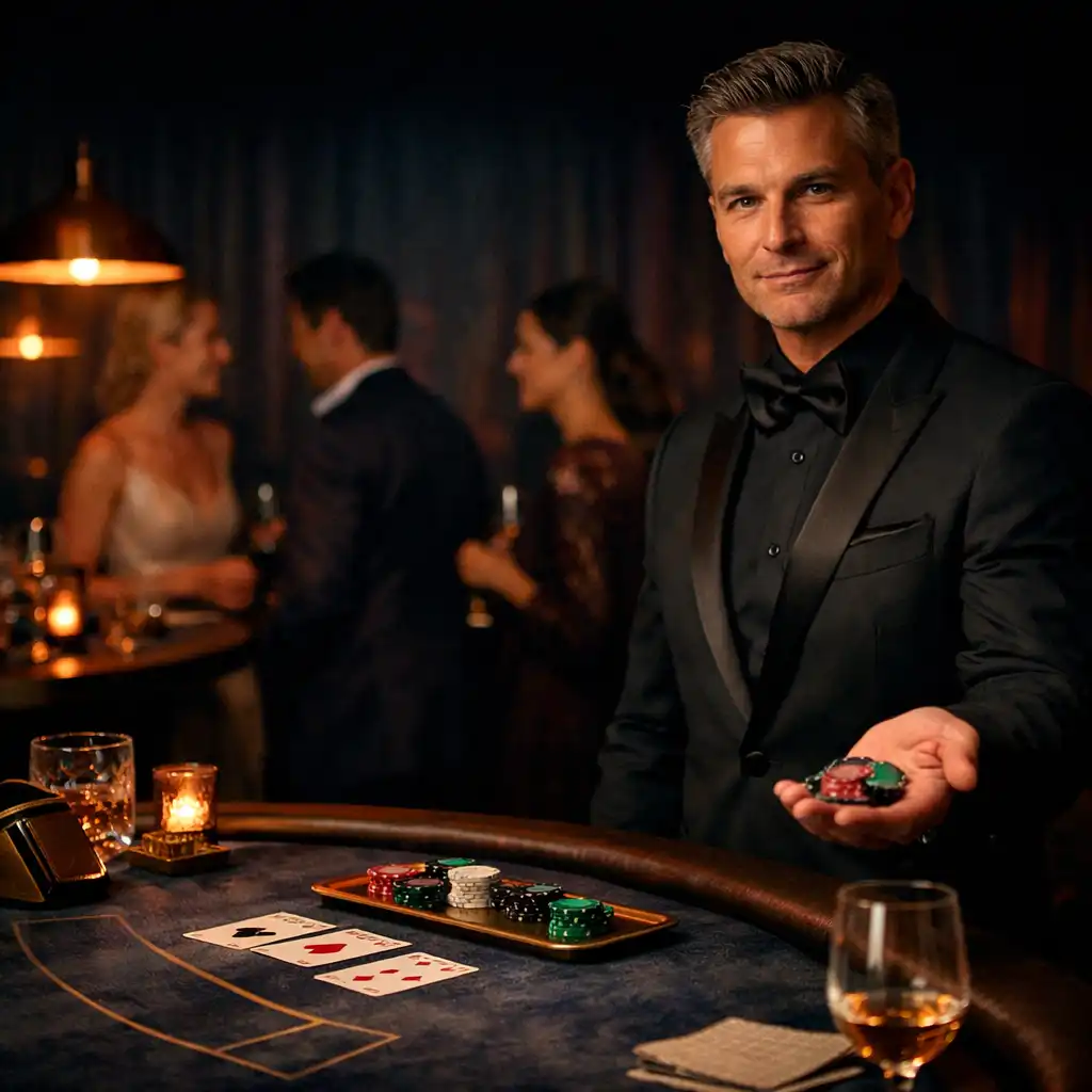 Professional host beside a velvet-covered blackjack-style entertainment table in a private restaurant setting