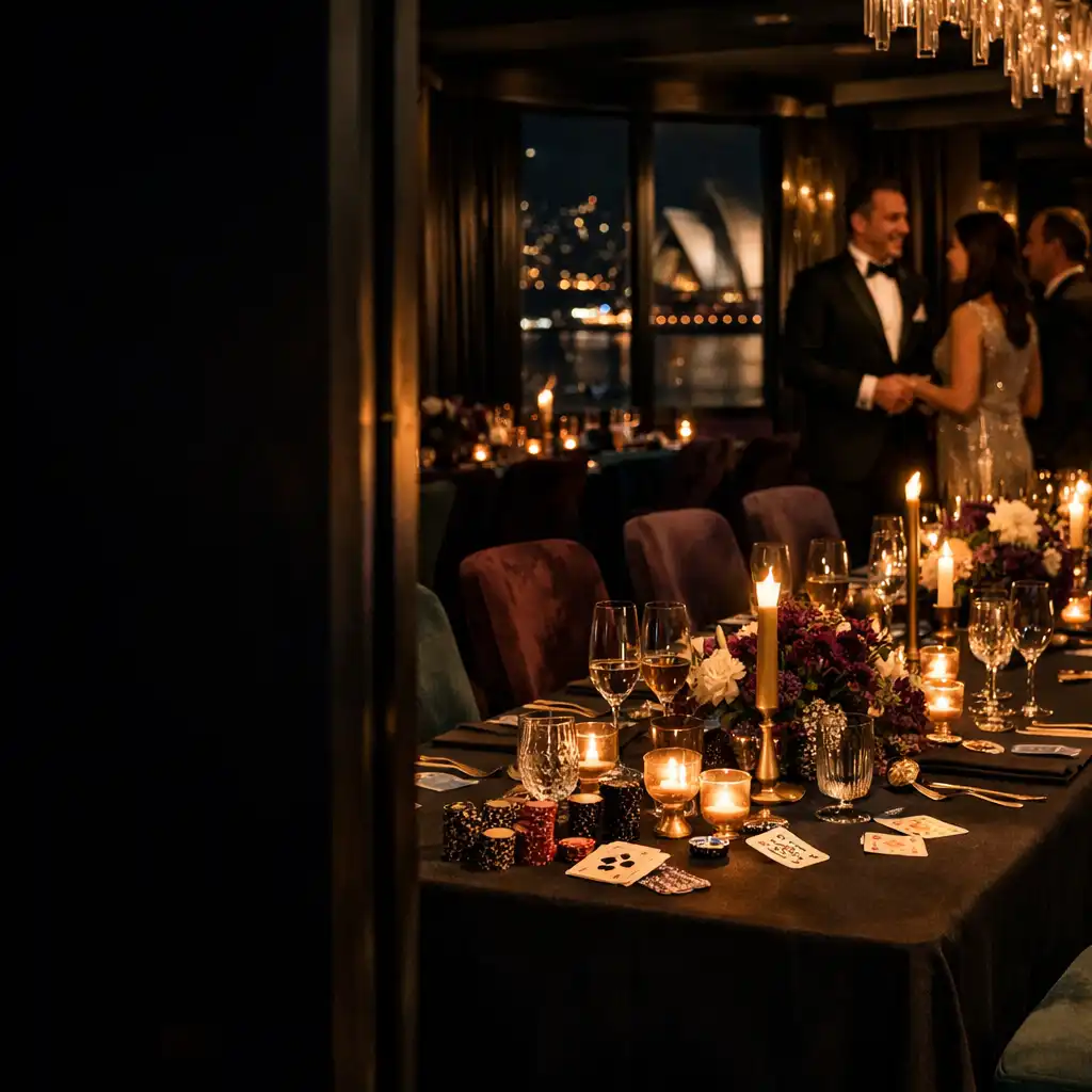 Candlelit restaurant gala table with polished glassware, velvet seating and a professional host in the background