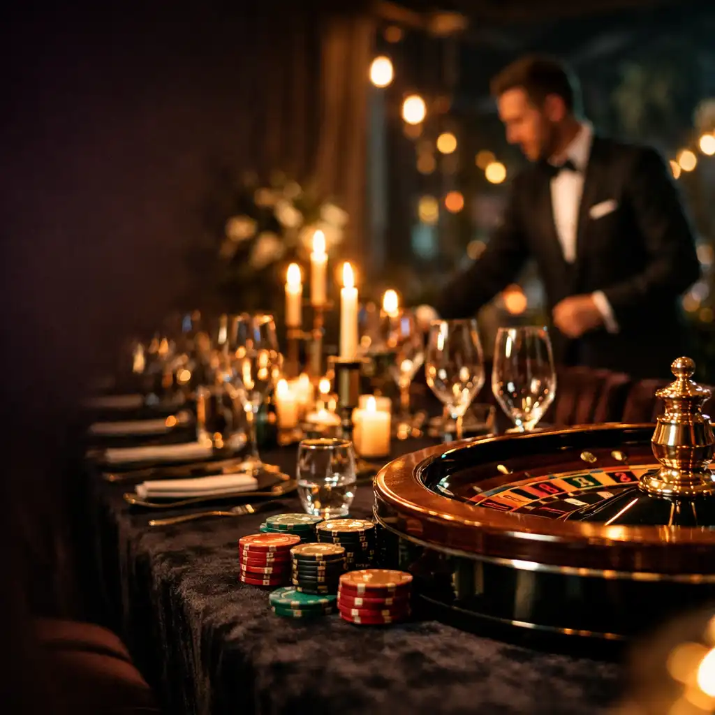 An elegant hosted restaurant table prepared with candlelight, glassware and casino-inspired decorative styling.