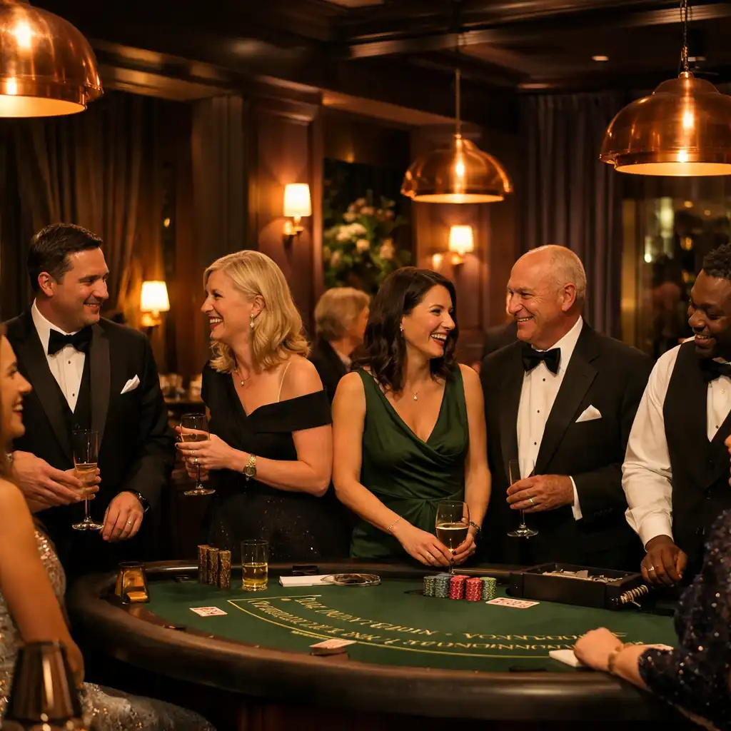 Guests and professional hosts enjoying a refined private dining room with hosted entertainment tables and warm evening lighting.