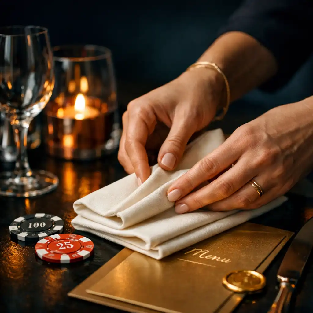 An event stylist refining an ivory napkin, glassware and decorative chips on a dark restaurant table.