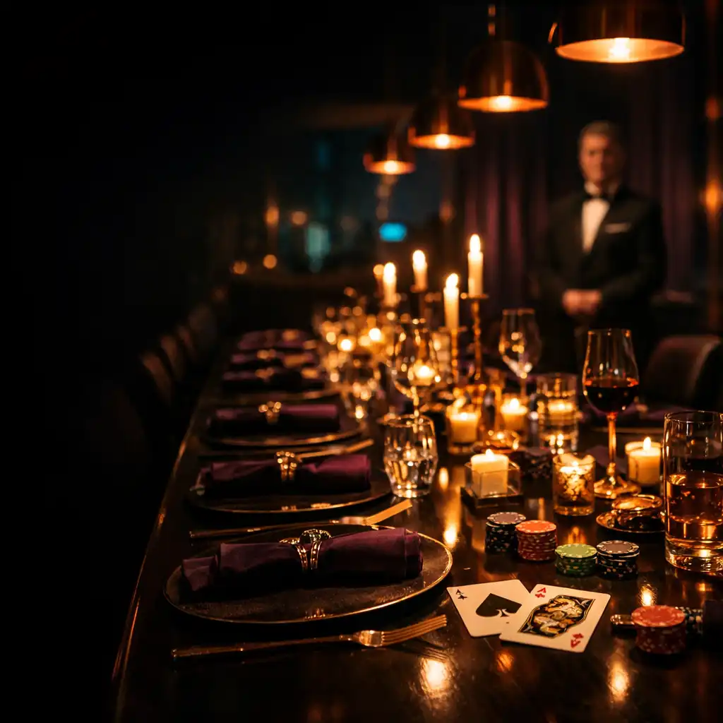 Candlelit private restaurant table prepared for an evening celebration