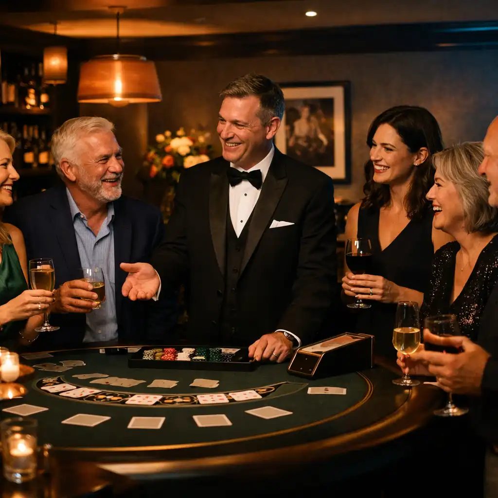 Guests in conversation around a hosted blackjack-style entertainment table