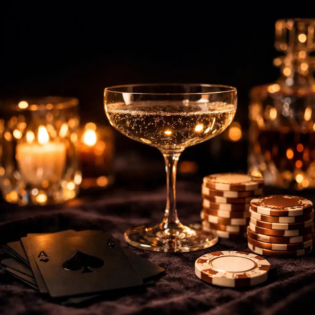 Candlelit glassware, decorative chips and cards styled on a private celebration table