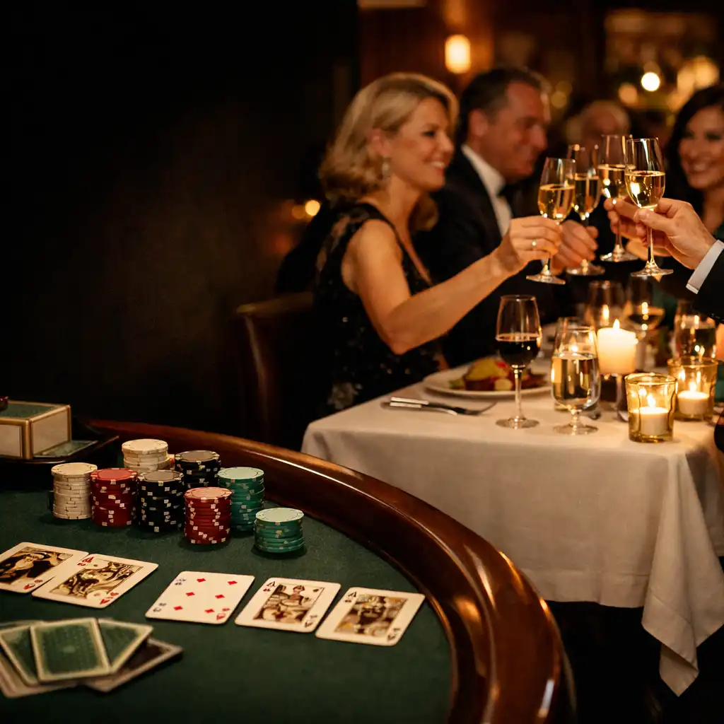 Guests sharing a toast at a candlelit private restaurant celebration with decorative entertainment styling nearby
