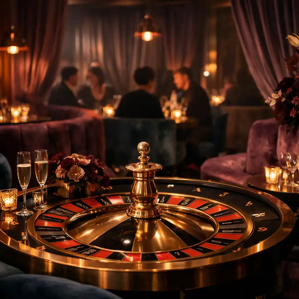 Private venue lounge styled with velvet seating, copper lighting, glassware and a roulette-inspired decorative table