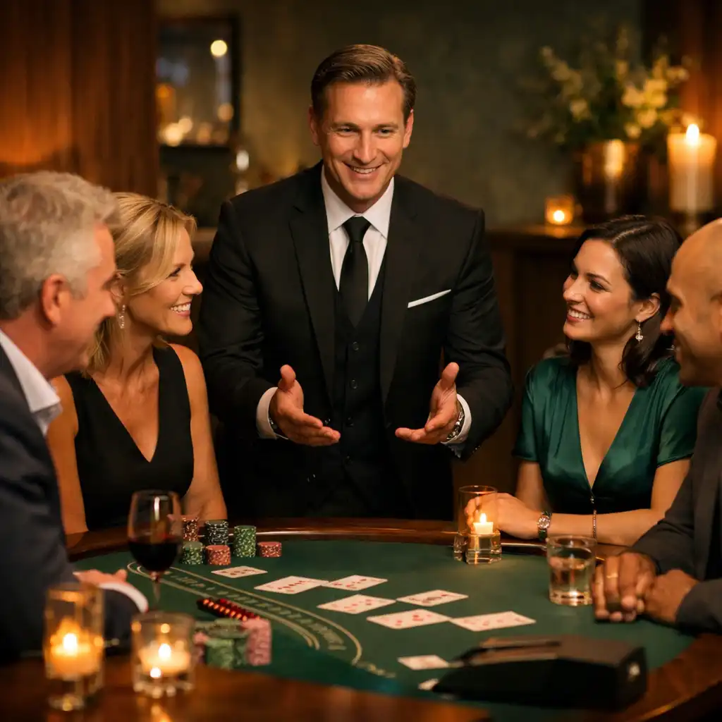 Professional host facilitating a relaxed themed table moment with adult guests