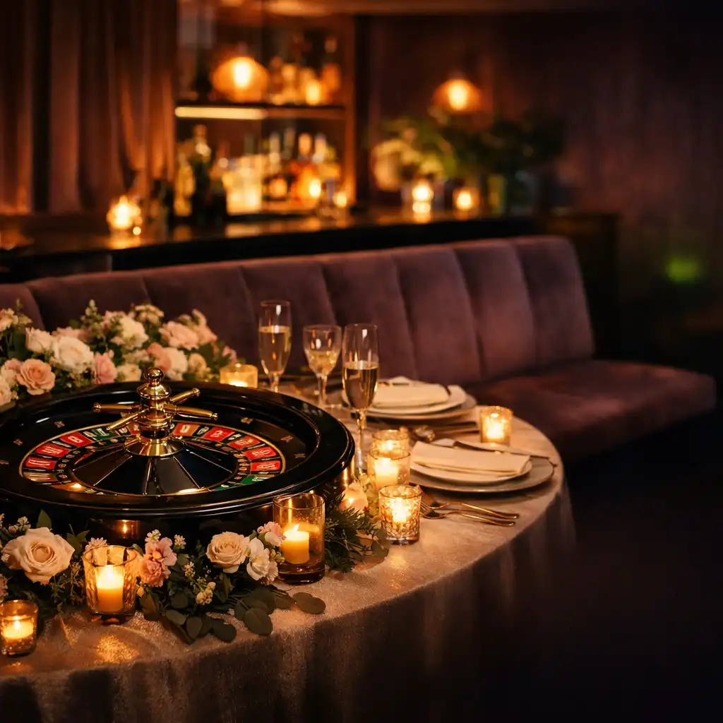 Private venue salon with roulette-inspired decorative styling, candlelight, florals and velvet seating