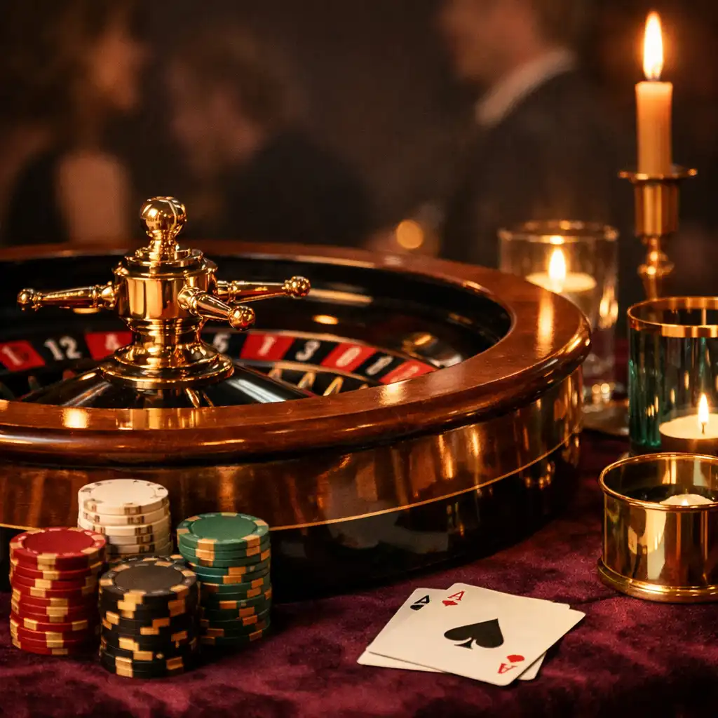 Roulette-inspired decorative wheel, chips and candlelit table styling in a private dining room.