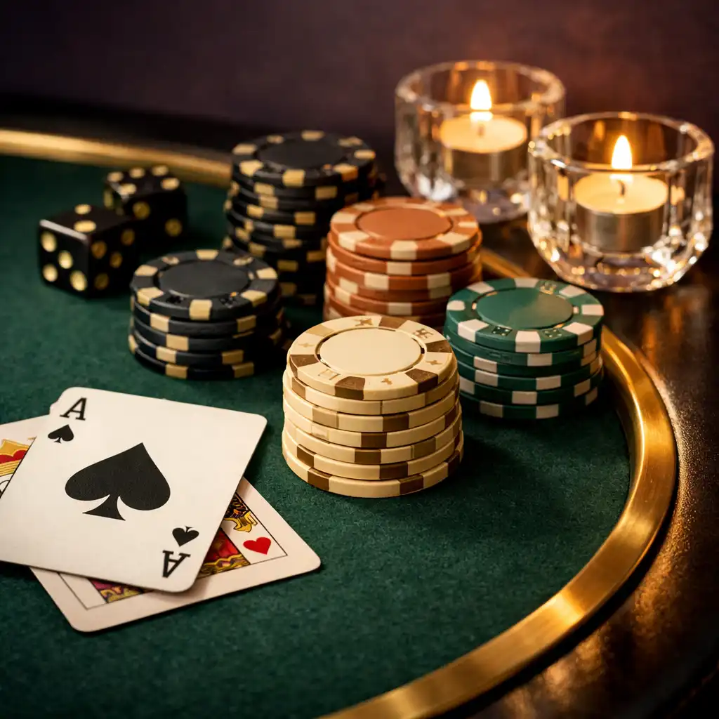 Close view of deep green table felt, decorative chips, styling cards and polished brass table detail