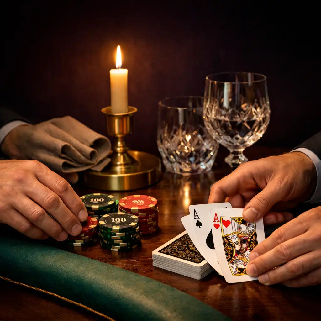 Decorative chips, cards, linen and glassware arranged as premium restaurant event styling.